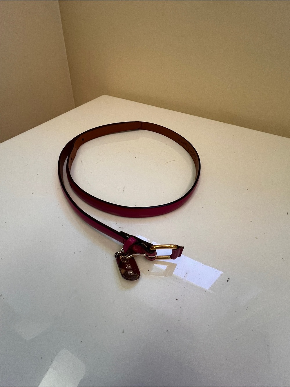 Ralph Lauren Slim Fuchsia Leather Belt with Gold-Tone Buckle